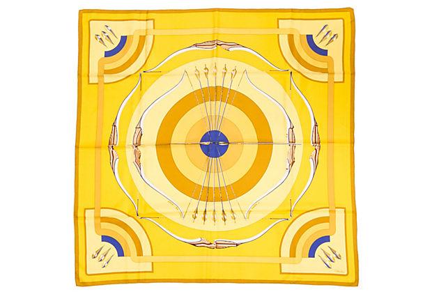 Hermès Arc en Ciel Scarf by Julia Abadie: Condition: Very Good; one minor stain Era: Vintage; 1980s Dimensions: 35" L x 35" H Materials: silk twill Color: yellow/multi Hermès Arc en Ciel silk twill scarf by artist Julia Abadie. Issued in 198
