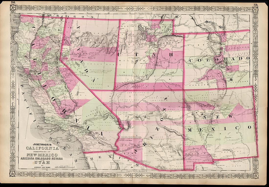 1863 Johnson’ California Territories of New Mexico,: One of the scarcest and most historically significant of A. J. Johnson's southwest series. Published in 1863 at the height of the American Civil War, this stunning map depicts the state of California