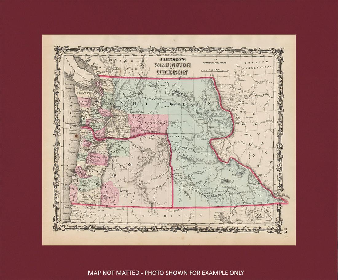 1863 Johnson’s Washington and Oregon: Important map, striking in its transitional representation. Fascinating glimpse of this region shortly following the outbreak of the Civil War. Shows the state of Oregon with much of its eastern regio