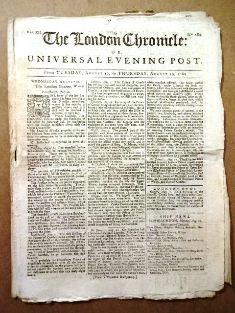 1762 London Chronicle American Colonies Franklin: The August 17-19, 1762 issue of The London Chronicle, eight pages complete. Interesting content including from the American colonies. Report of persons in Boston hit by lightning and a related passage