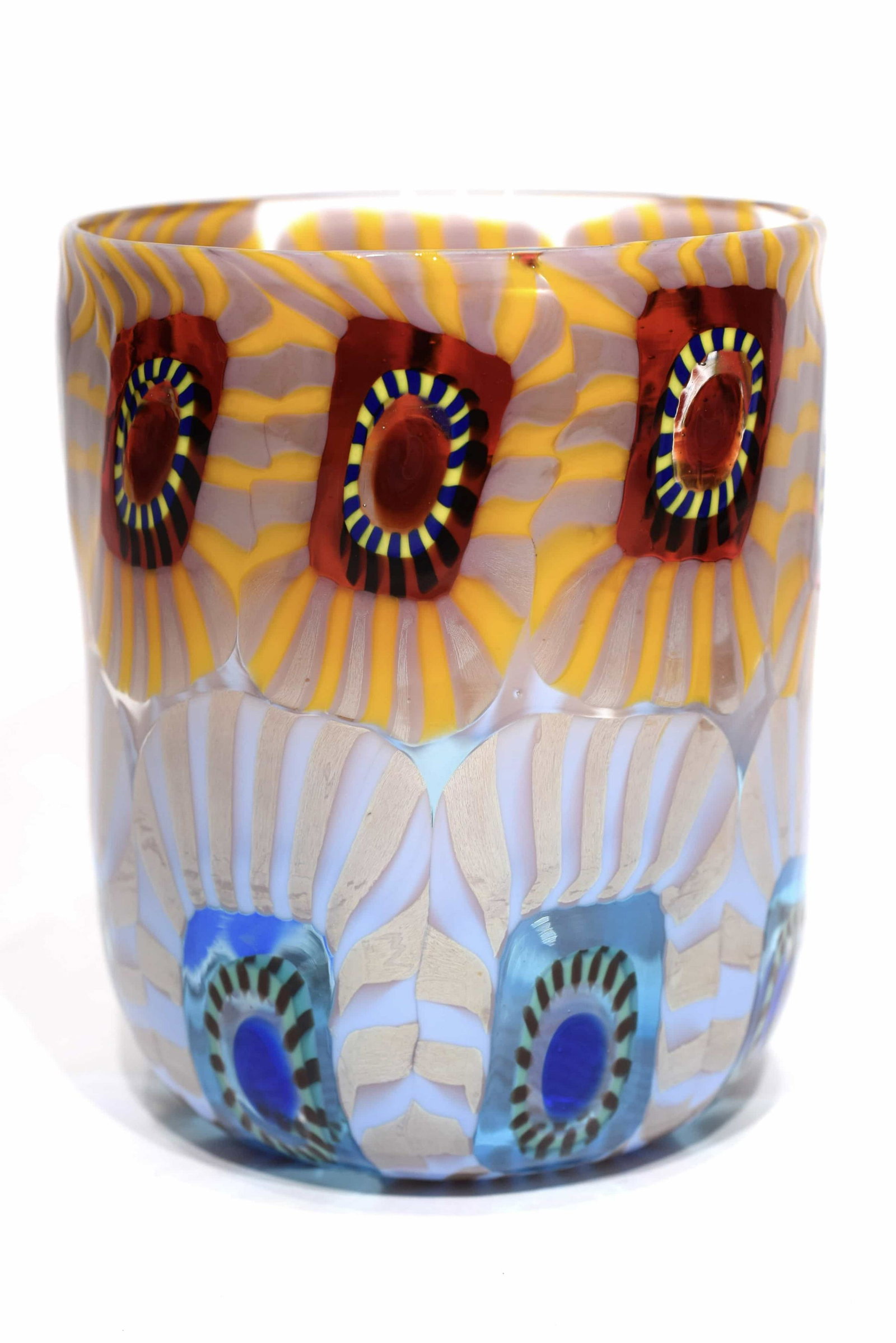 Murano glass vasegoto with murrine signed: Title:Murano glass vasegoto with murrine signed Maker: Mario Formentello Origin: Murano Date/Period: 2019 Materials: glass Size: 10x8,5 cm 180 grams Description: Murano glass vase with multicolour mur