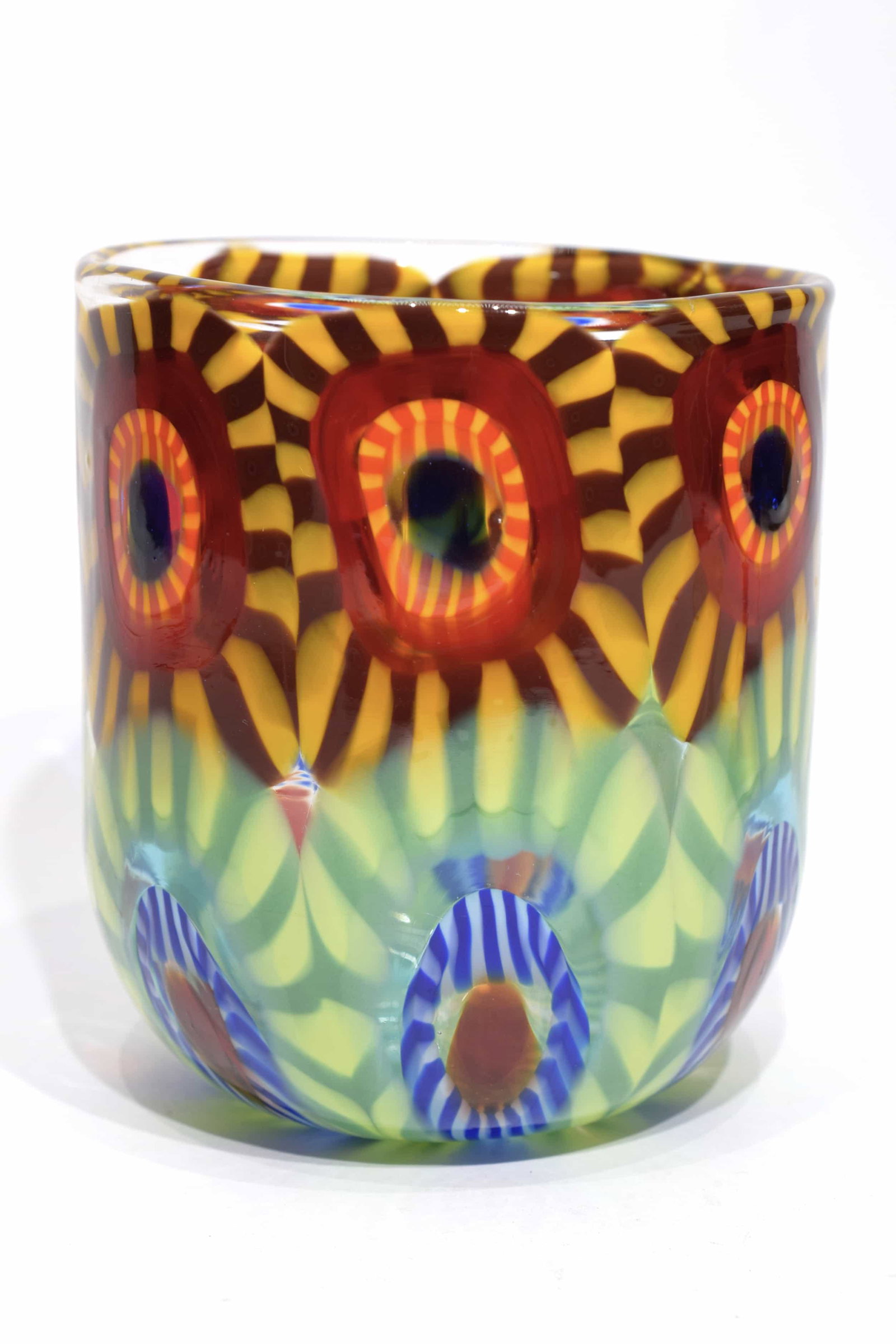 Murano glass vasegoto with murrine signed: Title:Murano glass vasegoto with murrine signed Maker: Mario Formentello Origin: Murano Date/Period: 2019 Materials: glass Size: 9,5x8,5 cm 180 grams Description: Murano glass vase with multicolour mu