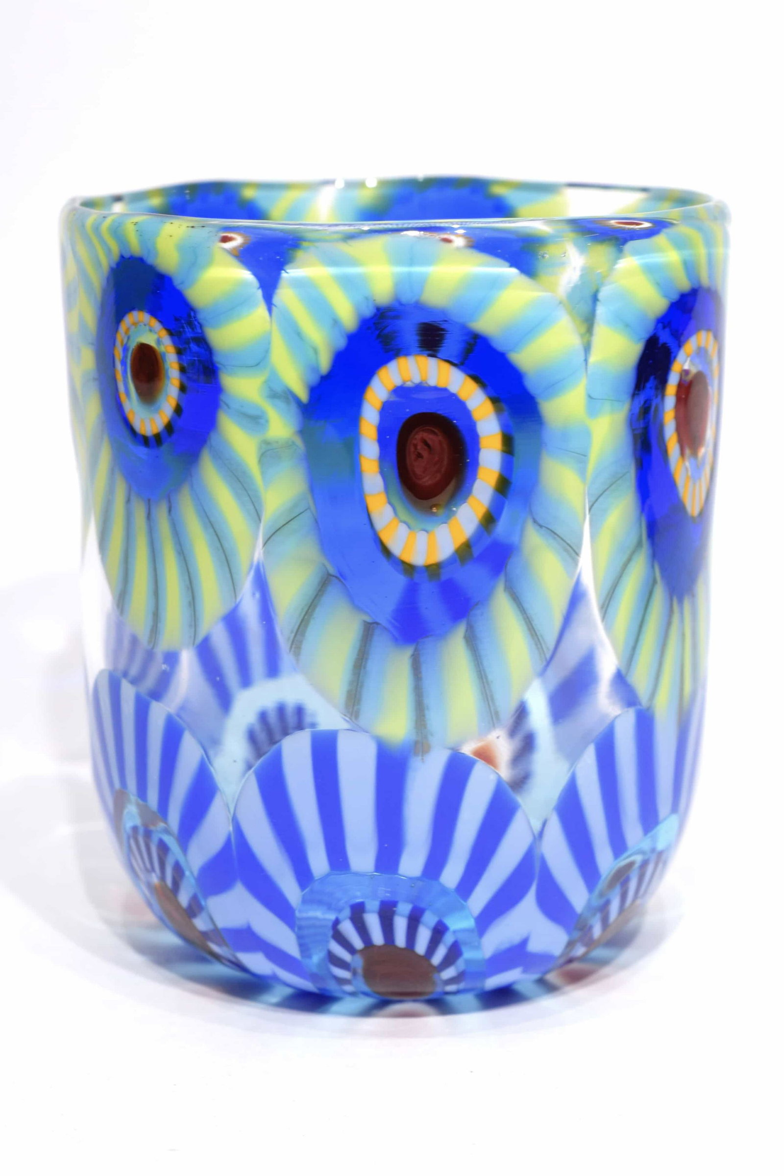 Murano glass vasegoto with murrine signed: Title:Murano glass vasegoto with murrine signed Maker: Mario Formentello Origin: Murano Date/Period: 2019 Materials: glass Size: 10x8,5 cm 180 grams Description: Murano glass vase with multicolour mur