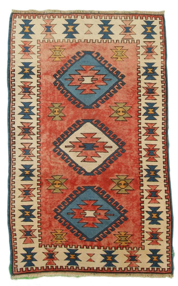 3 x 6 Vintage Turkish Milas Rug: Title: 3 x 6 Vintage Turkish Milas Rug Description: This is a bright handmade Vintage Turkish Milas rug. The exact size 3'4" x 6'4". The main color is a light rust with blue, olive and beige accent co