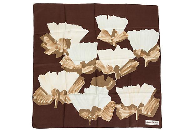 Jeanne Lanvin Silk Floral Scarf: Condition: Very Good; minor wear due to age Era: Vintage Dimensions: 30" L x 30" W Materials: silk twill Color: brown/cream Jeanne Lanvin Silk Floral Scarf with cream floral detail. 30" square with ha