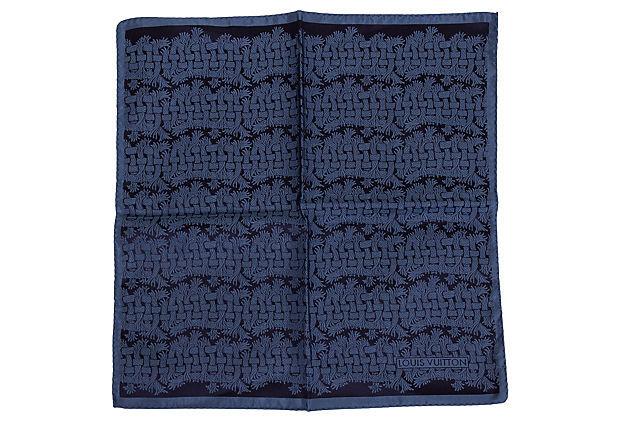 Louis Vuitton Silk Print Pocket Scarf: Condition: Excellent Era: Contemporary Dimensions: 13" L x 13" W x 13" H Materials: silk Color: blue/black Louis Vuitton 13" square silk pocket scarf with basketweave print in blue and black. Hand-rol