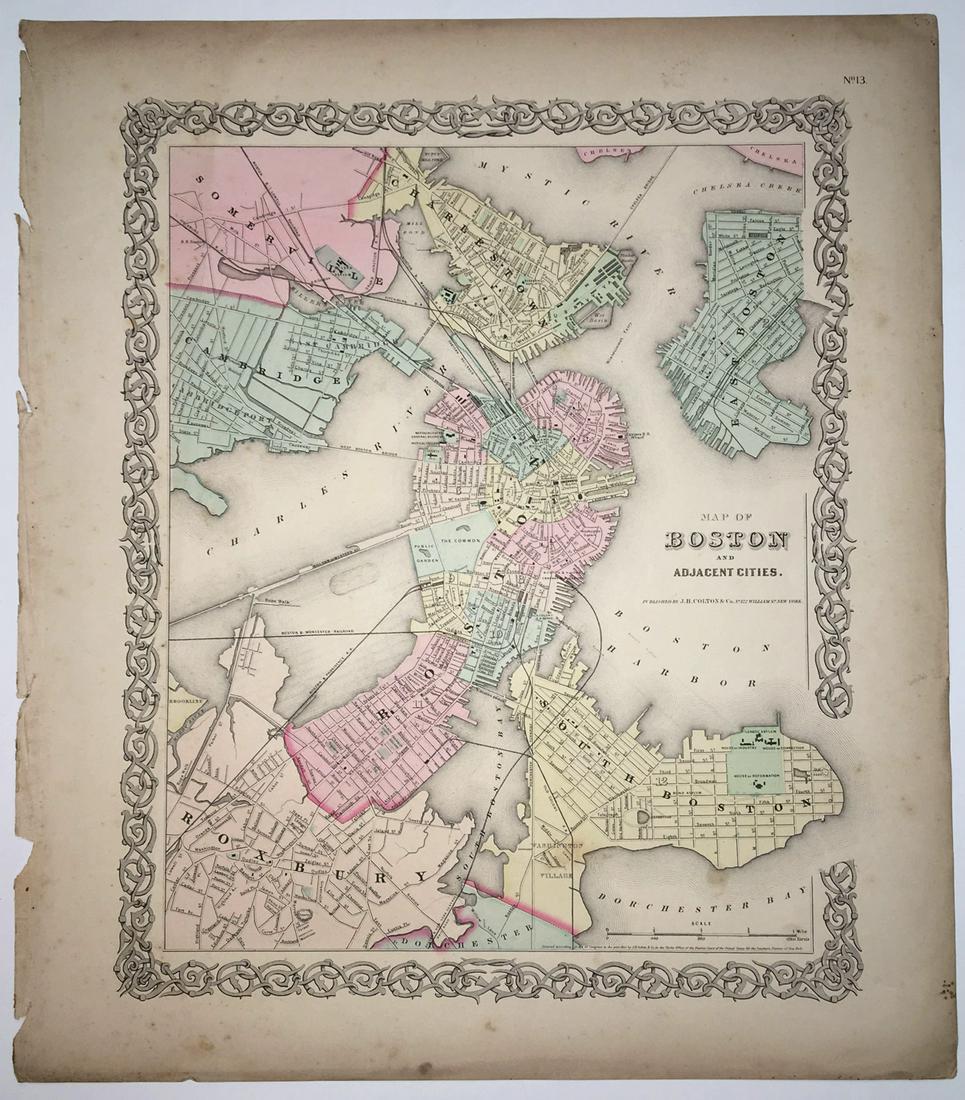 Map of Boston and adjacent cities.: Title: Map of Boston and adjacent cities. Publication Date: 1856 Publisher: J. H. Colton & Company Dimensions: 15.6 X 11.75 Additional Information: First edition. Decorated border.Edges browned. Reser