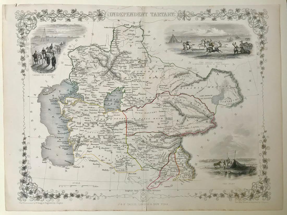 Pictorial antique maps Tartary: This is a highly decorative 1851 map of Independent Tartary by John Tallis and John Rapkin. It covers the regions between the Caspian Sea and Lake Bakquash and between Russia and Afghanistan. These in