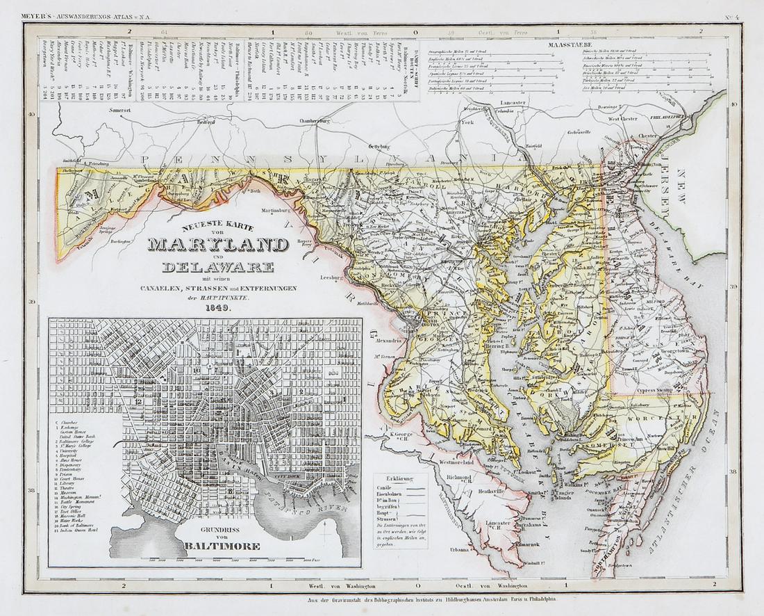 Meyer: Maryland & Delaware with Baltimore Inset: Cartographer: Bibliographischen Instituts. Place / Date: Hildburghausen / 1849/1857 Size: 14 5/8" x 11 3/4" Condition: original outline color; light overall age toning, minor spotting mostly in margin