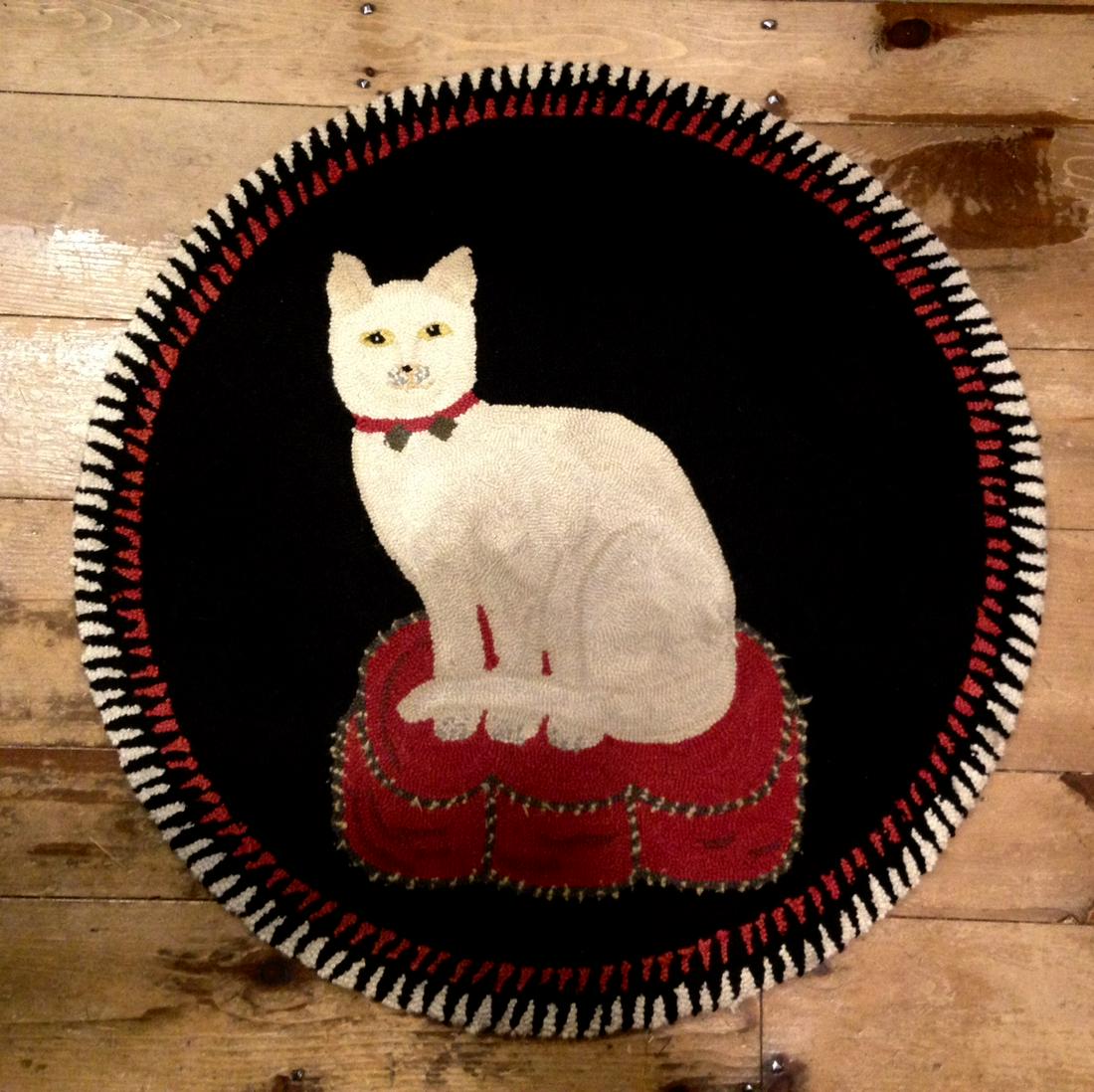 Mid 20thc Folk Art Cat Yarn Hooked Rug With Great: Title: Mid 20thc Folk Art Cat Yarn Hooked Rug With Great Colors Dimension: 36" round Provenance:Materials are wool on cotton. Shipping: Domestic: Flat-rate of $35.00 to anywhere within the contiguous 