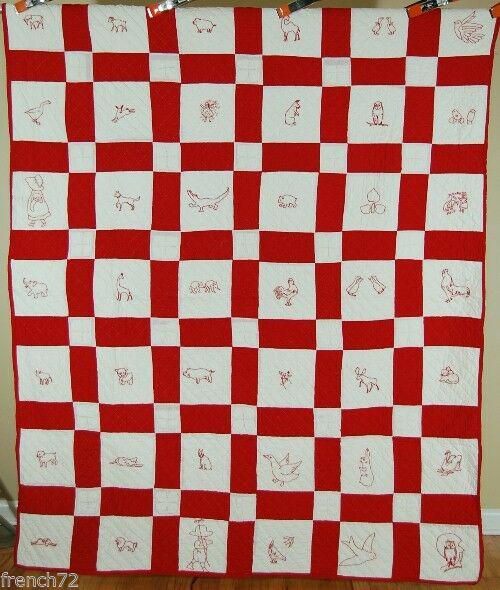 1910's Vintage Redwork Embroidered Antique Quilt: VIBRANT 1910's Vintage Redwork Embroidered Antique Quilt ~Farmer & Animals! This VIBRANT cotton 1910's redwork quilt is hand embroidered and hand quilted, with a farmer, sunbonnet Sue, birds, farm ani