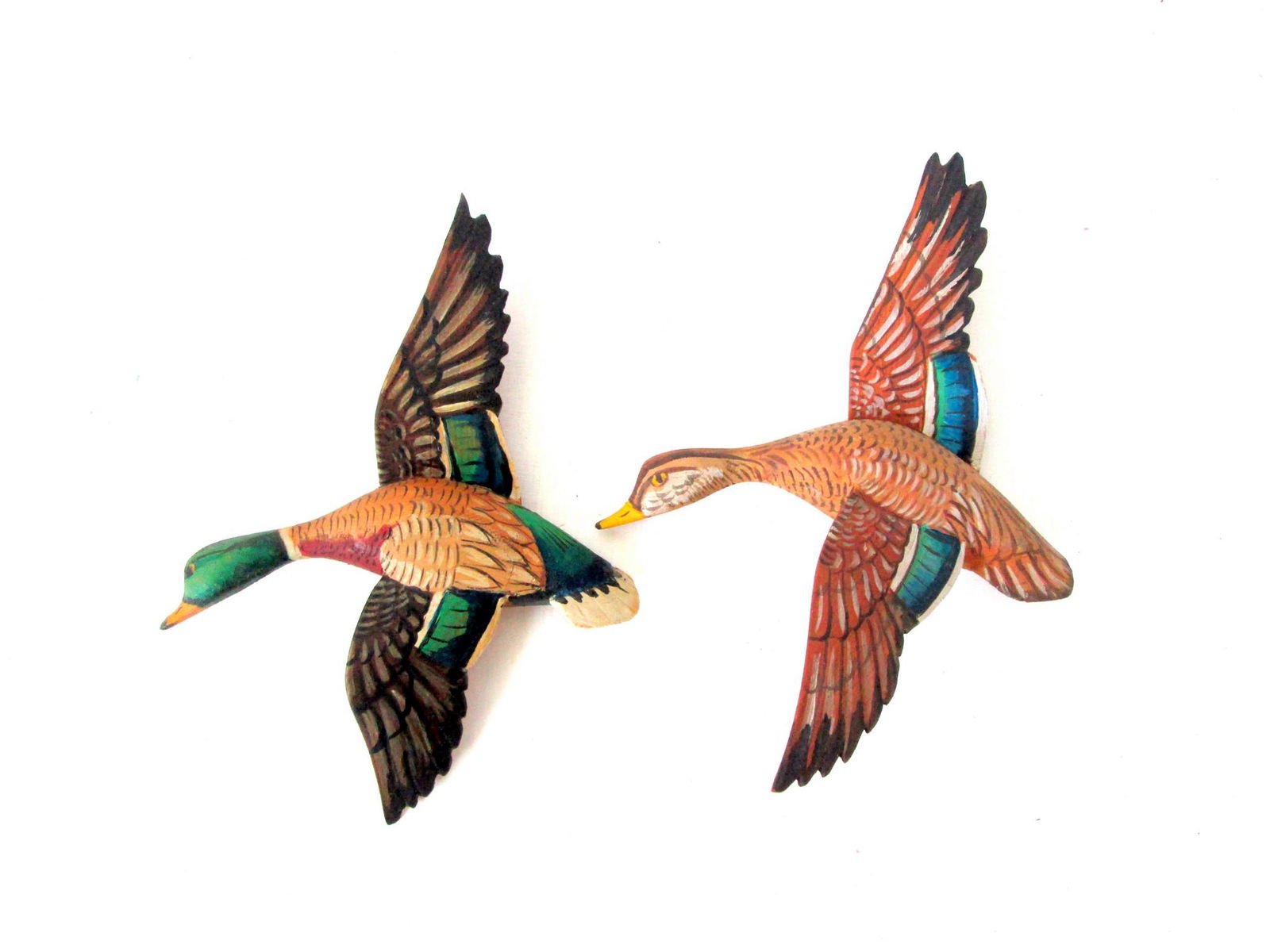 Fine Miniature Mallard Plaques: Title: Fine Miniature Mallard Plaques Date/Period: C 1920 Material: Pine Dimension: 6 3/8”H X 4 1/2”W X 1”D & 6”H X 4 5/8”W X 2”D Provenance:Well detailed dry original painted surfaces, de