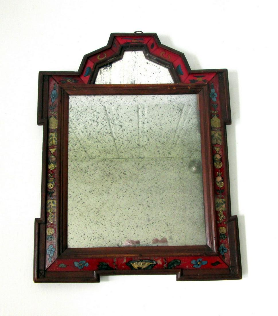 Rare 18th C Courting Mirror: Title: Rare 18th C Courting Mirror Date/Period: Mid–Late 18th C Material: Pine & Glass Dimension: 16”H X 11 3/16”W X 11/16”D Provenance:Rare red reverse painted Chinese courting mirror. All el