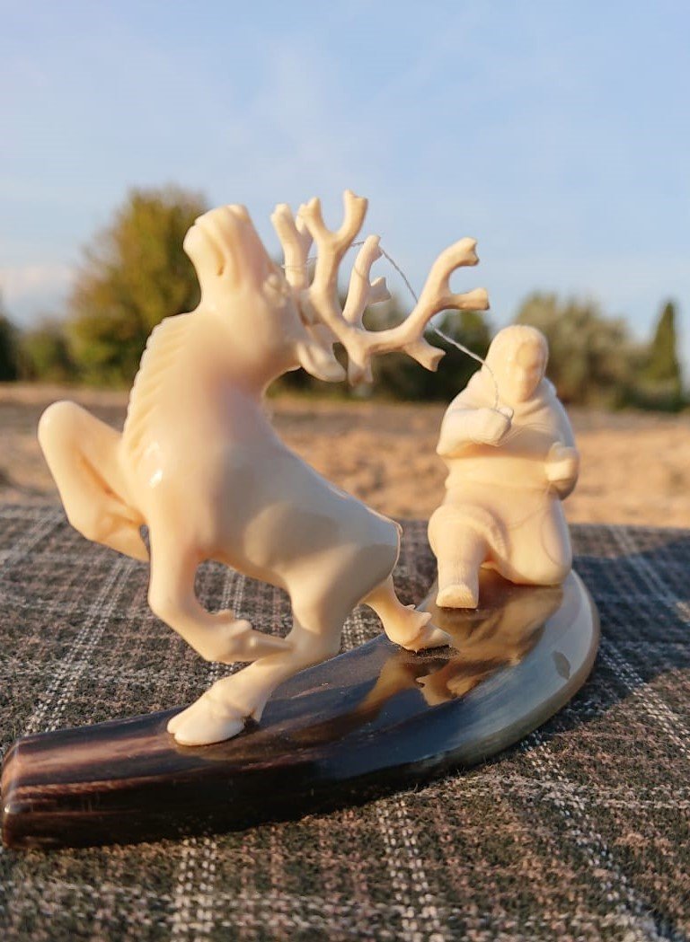 Siberian INUIT Antique Sculpture: Title: Siberian INUIT Antique Sculpture Date/Period: Early 20th century Origin: Dimension: 5.5 inches large - 76 grams Material: Walrus tusk, metal joints, caribou antler, nylon thread Provenance:Beau