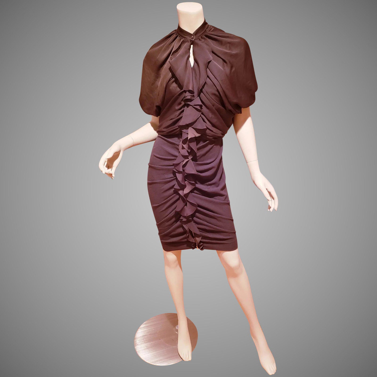 Givenchy Couture Cocoa Ruffled zip dress body con $1500: Very Special and a Wearable Art By Givenchy Body Con Sheath Ruffle dress. 3/4 sleeves, Ruffles and front golden zipper. French - 40 or USA- S Bust-33-34" Used for Runway show only This vintage item is