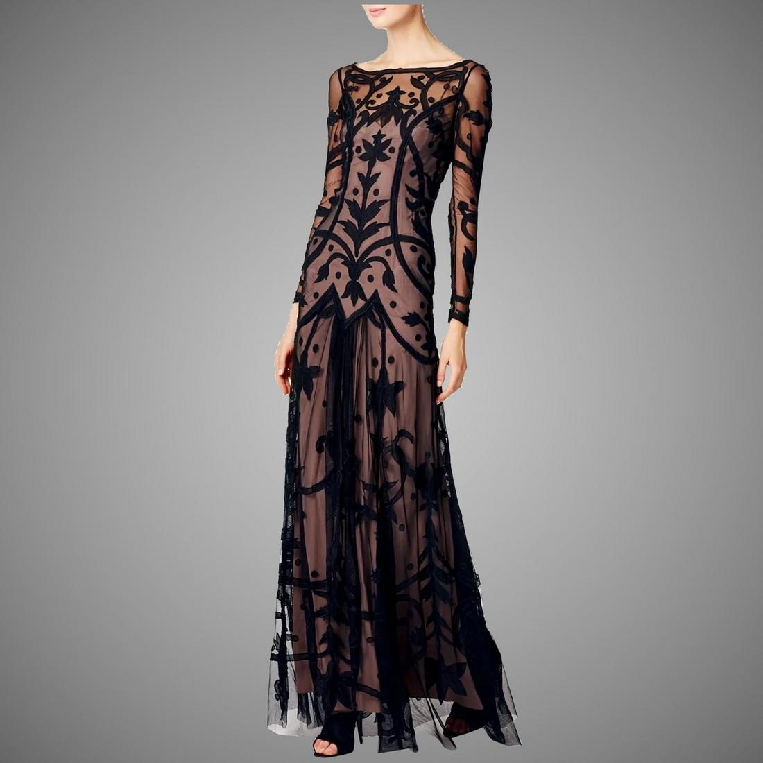 Vtg Temperley London Couture Archive Tattoo Embroidered: A Classic design from Temperley London , Beautifully Romantic, features intricate embroidery and crepe appliques on sheer Tulle leading to a flowing floor length skirt with front and back train like d
