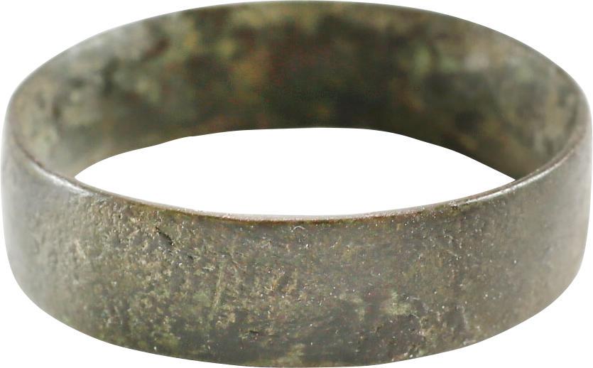VIKING WEDDING RING, 866-1067 AD. SIZE 11 1/4.: No Reserve! SIZE 11 1/4. Cambridgeshire England. Bronze, large size 11 1/4 of broad, 6.6mm, flat section with rounded edges. Cast with a central core which was laboriously removed during the finish pr