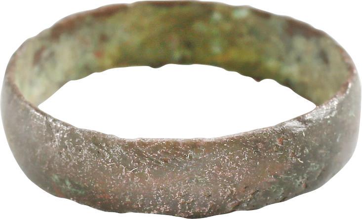 VIKING WARRIOR’S WEDDING RING, SZ11. 9th century.: No Reserve! Early construction with the band cast with a centrsal core to distribute the metal and heat. The core than laboriously removed by hand. Large sie 11 with very broad, 6.6mm width. Near flat