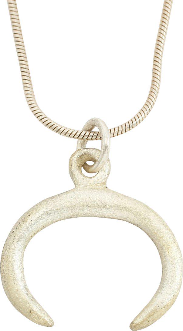 VIKING LUNAR PENDANT C.900-1000 AD.: Over ¾” width. As expert navigators, the constellations signified mystery and power to Vikings. The Moon was personified as Mani, brother to Sol the Sun, and is abundantly represented in Norse lite