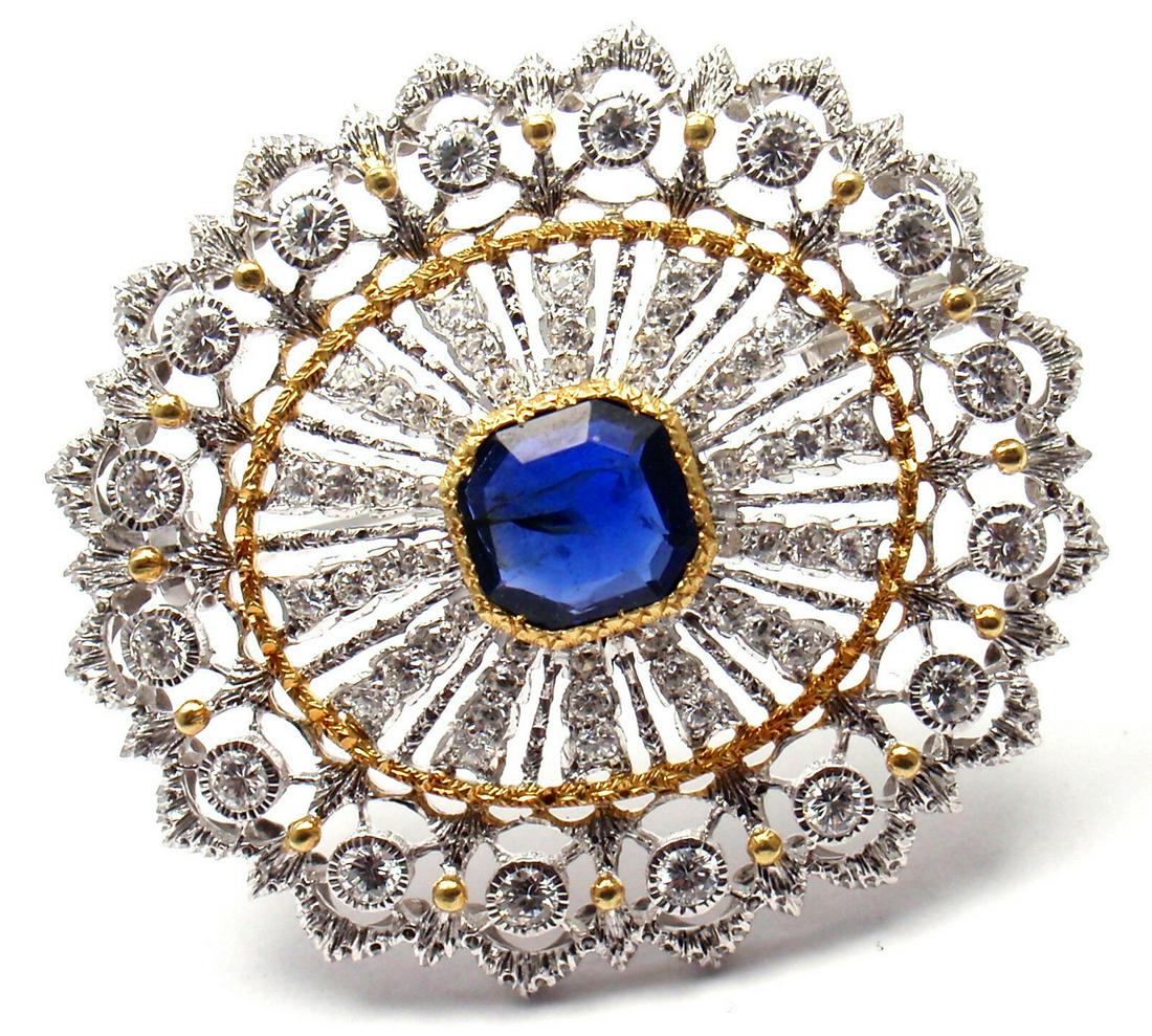 Authentic! Buccellati 18k Yellow & White Gold 68: Authentic! Buccellati 18k Yellow & White Gold 68 Diamonds Sapphire Brooch Pin You are bidding on an Authentic! Buccellati 18k Yellow & White Gold 68 Diamonds Sapphire Brooch Pin More About the Piece: 