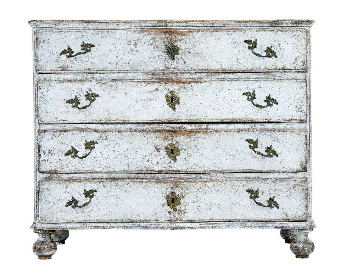 19TH CENTURY SCANDINAVIAN PAINTED BAROQUE CHEST OF: 19TH CENTURY SCANDINAVIAN PAINTED BAROQUE CHEST OF DRAWERS FINE QUALITY SOLID OAK CHEST OF DRAWERS CIRCA 1840. POSSIBLY DANISH WITH LATER PAINT WHICH HAS NOW TAKEN ON ITS CURRENT APPEARANCE. 4 DRAWERS