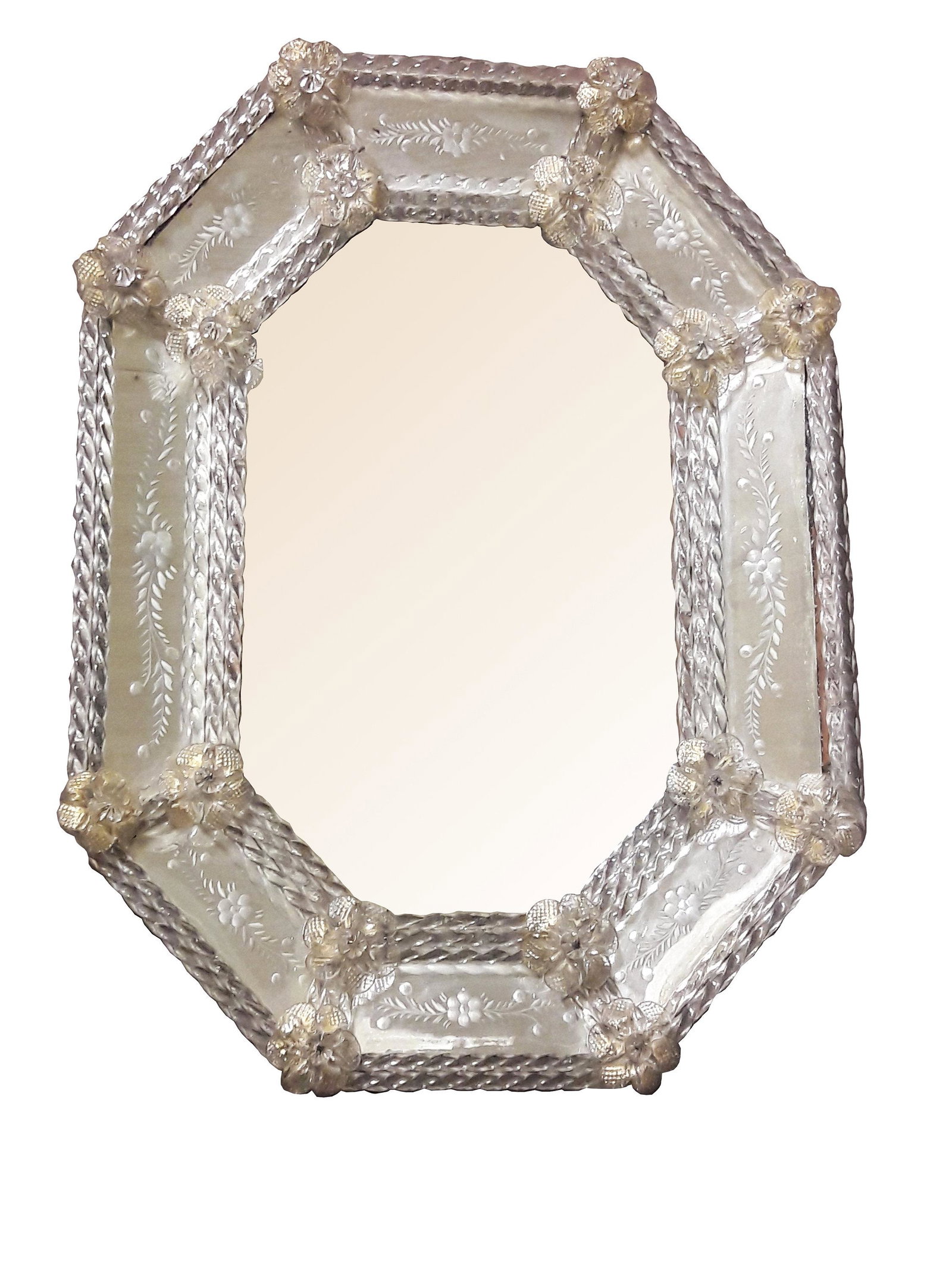 Antique Venetian Murano Mirror Early 1900's Etched: Vintage from the 1940s Materials glass, wood more Dimensions Height: 15 Inches; Width: 11.5 Inches; Depth: 1.5 Inches Beautiful and romantic early 1900's Venetian Murano glass mirror. An ornate piece 