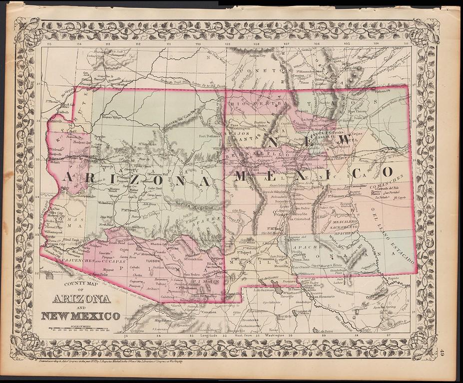Ariz. & N. Mexico Terr., Mitchell 1872: Detailed map of Arizona and New Mexico Territories hand-colored by county. Arizona has only 5 counties. Pah-Ute County still shown in Arizona. Many Indian Tribes are shown, as are Fort Yuma, Ft. Bucha