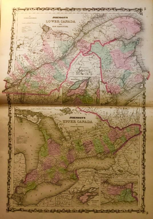 Lower & upper Canada: Title/Content of Map: Lower & upper Canada Date: 1861 Cartographer: Johnson Material/Medium: steel engraved Size: 28x18” Provenance: New York Additional Info: Hand colored Reserve: $20.00 Shipping: