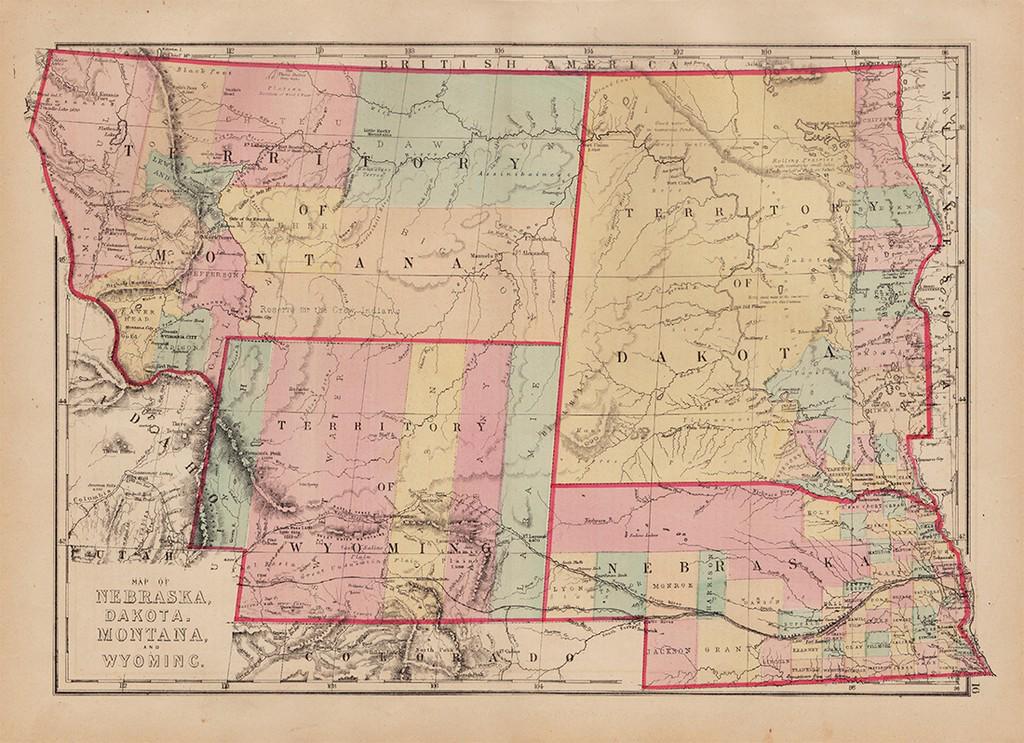 1870s Neb., Dak., Montana & Wyoming: Scarce regional map, colored by counties and showing towns, mountains, rivers, railroads, etc. Originally engraved in the late 1850s as part of a wall map by Rogers & Johnston, this map represents a u