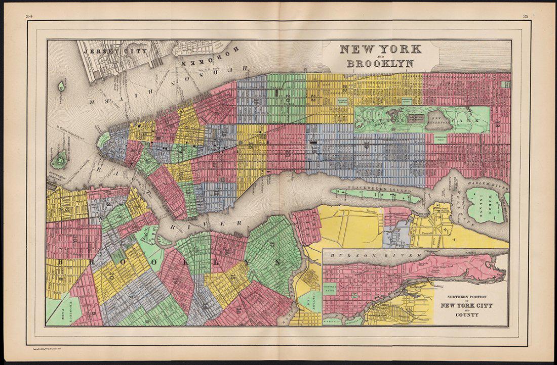 1886 New York and Brooklyn, hand colored: Beautiful example of William Bradley’s 1886 map of New York and Brooklyn as found in the 1887 Mitchell New General Atlas. Shows wards, parks, wharves, railroads, major public buildings, etc. Include