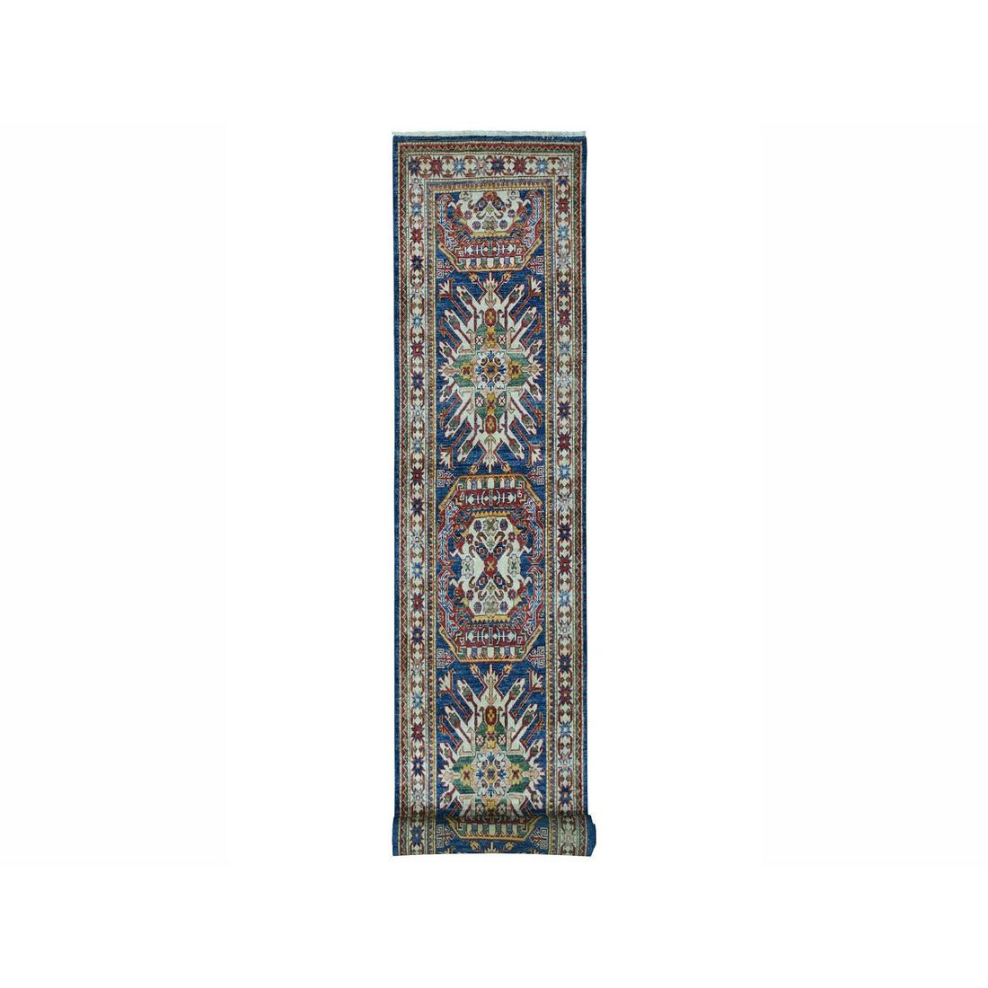 Super Kazak Blue Geometric Design Hand-Knotted Runner (1 of 6)