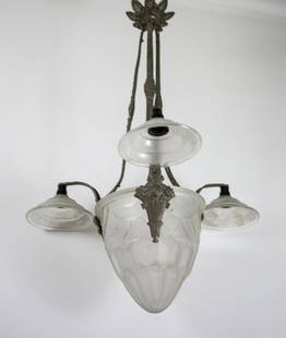 FRENCH ART DECO CHANDELIER MOLDED pressed GLASS MULLER: Made in France in the late 1920's early 1930's this Chandelier is an unsigned Muller ,two brother whose work was eagerly sought after with many chandeliers and art glass pieces . The crash of 1929