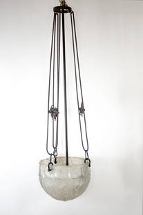 FRENCH ART DECO CHANDELIER ENTRANCE HALL MOLDED Etched: Made in France in the late 1920's early 1930's this Chandelier is most likely a Muller ,while unsigned the quality clearly matched their creation .Those were hand sanded and etched after being hot