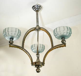 FRENCH ART DECO CUBIST CHANDELIER GLASS GLOBE: FRENCH ART DECO CUBIST CHANDELIER GLASS GLOBE French cubist art deco chandelier made in the 1930's reflecting the democratic desire of that time to produce affordable art. The frame is brass and