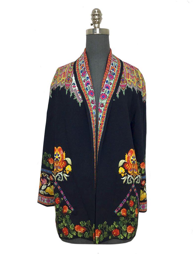 Etro Floral-Print Twill-Trimmed Cady Jacket Size S NEW: We guarantee the authenticity of this current and brand new Etro Floral-Print Twill-Trimmed Cady Jacket Size S | 40 crafted with an open front and relaxed fit. Featuring a multicolored floral print on