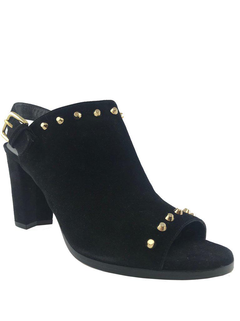 Stuart Weitzman Open-Toe Suede Bootie Size 8: We guarantee the authenticity of these Stuart Weitzman Open-Toe Suede Bootie Size 8 crafted in smooth black suede with an open toe. Featuring gold-tone stud detail, an adjustable ankle strap and a chu