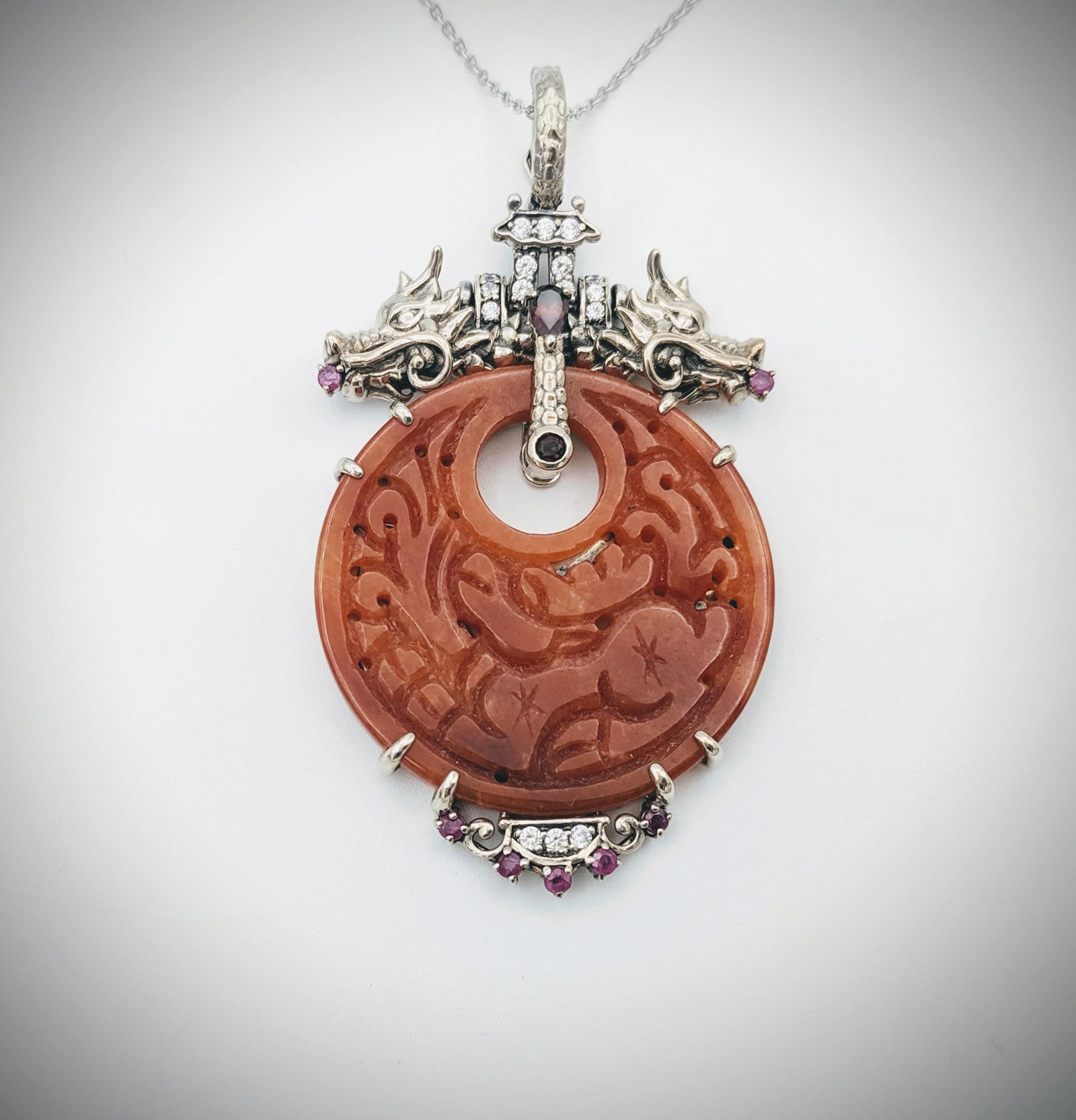 Necklace w Double Headed Dragon Pendant, Carved Jasper, (1 of 3)