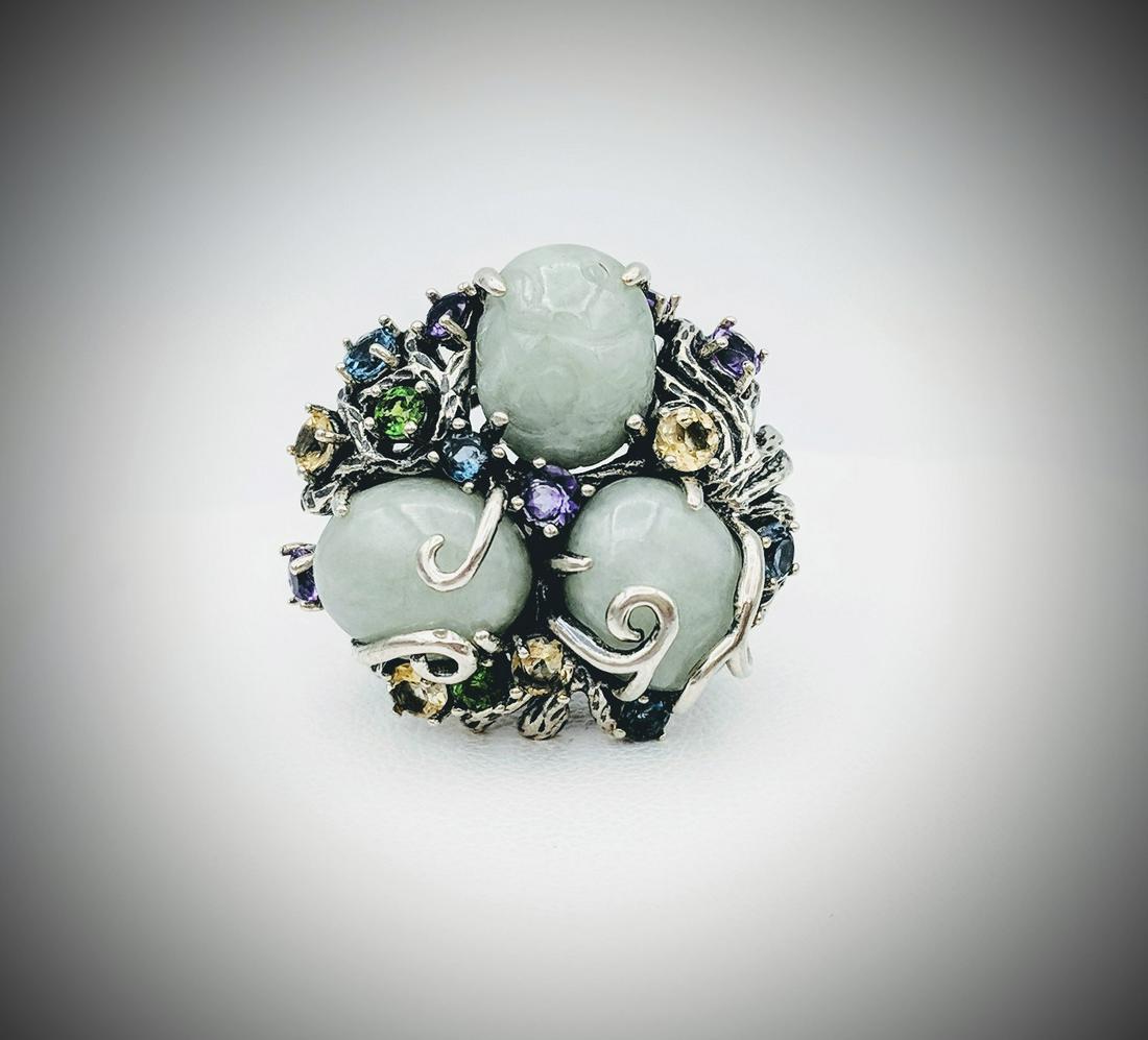 Sterling Silver Jade & Multicolored Gemstone Ring Sz 7 (1 of 4)
