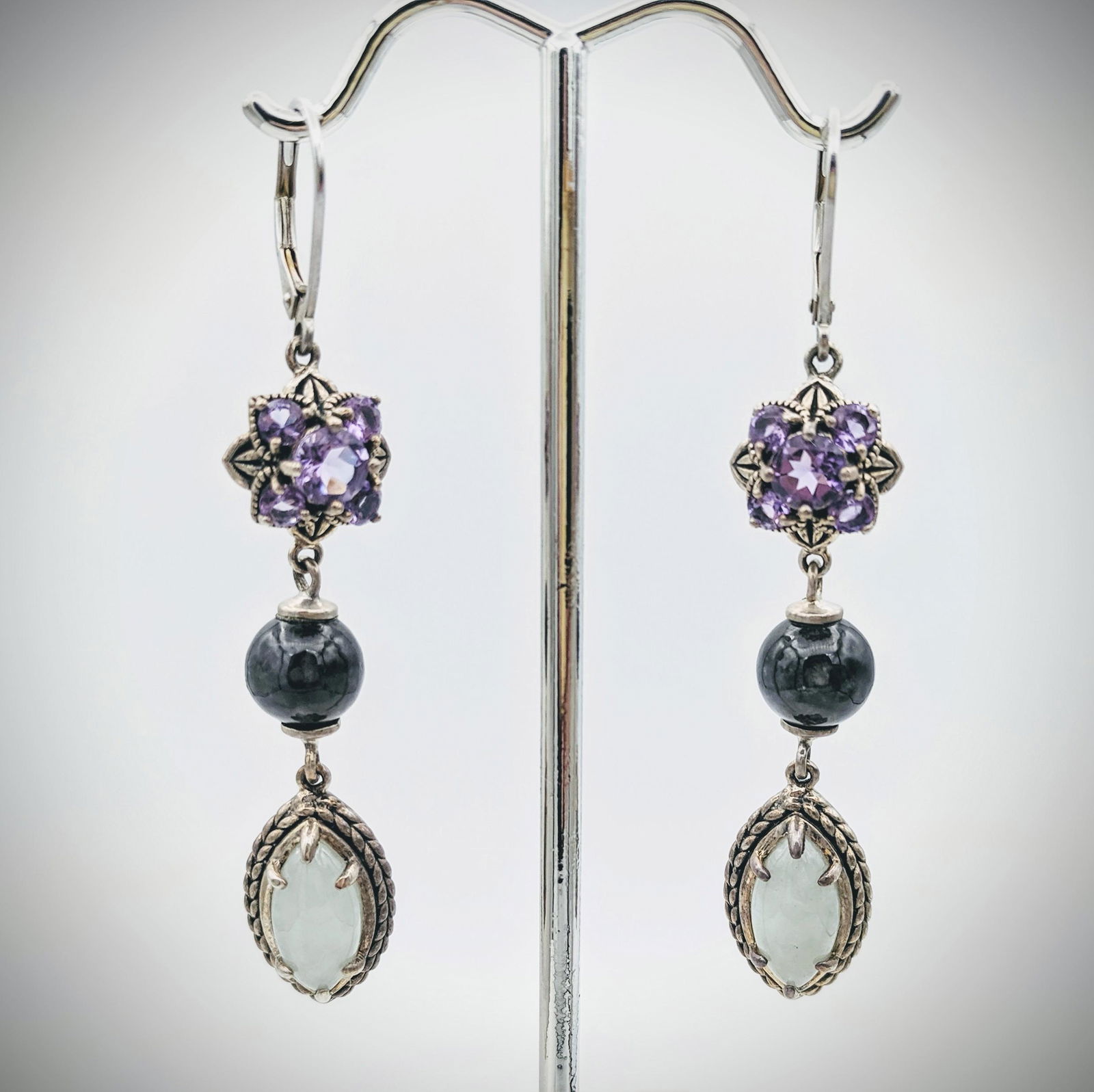Sterling Silver Triple Drop Earrings w Amethyst, (1 of 3)