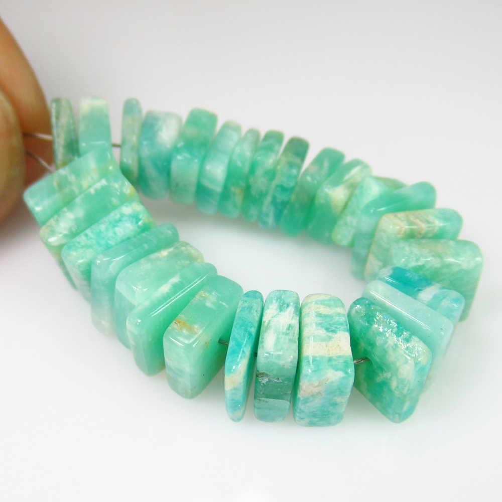 34.94 Ct Genuine 28 Drilled Amazonite Square Flat Beads: No Reserve! Title: 34.94 Ct Genuine 28 Drilled Amazonite Square Flat Beads Stone Clarity: Transparent Gemstone: Natural Amazonite Beads Carat Weights: 34.94 Size/Dimensions: 6.8x2.3 - 8.2x3.4 mm / 28