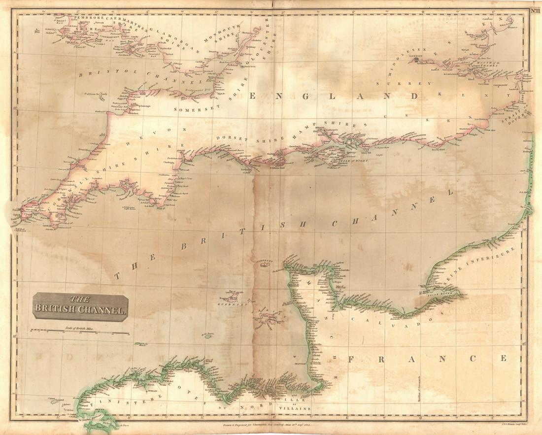 British Channel.: Title: British Channel. Publication Date: 1817 Cartographer: THOMSON, JOHN & CO. Publisher: JOHN THOMSON, JUNR. & CO. Dimension: 20Height - 24.75Width No.11 from Thomson's New General Atlas 1817. J &