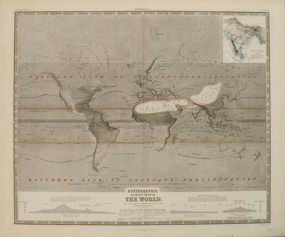 1854 Johnston Rain Map of the World -- Hyetographic or: Title/Content of Map: 1854 Johnston Rain Map of the World -- Hyetographic or Rain Map of the World Date: 1854, Edinburgh Cartographer: W & A Johnston Size: 19 X 24 in. This is a very nice large map il