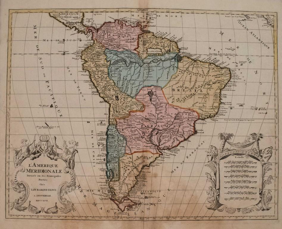 1792 Elwe Map of South America -- L'Amerique: Title/Content of Map: 1792 Elwe Map of South America -- L'Amerique Meridionale Divisee en ses Principales Parties Date: 1792, Amsterdam Cartographer: J Elwe Size: 18.2 X 23.7 in. This is an outstandin