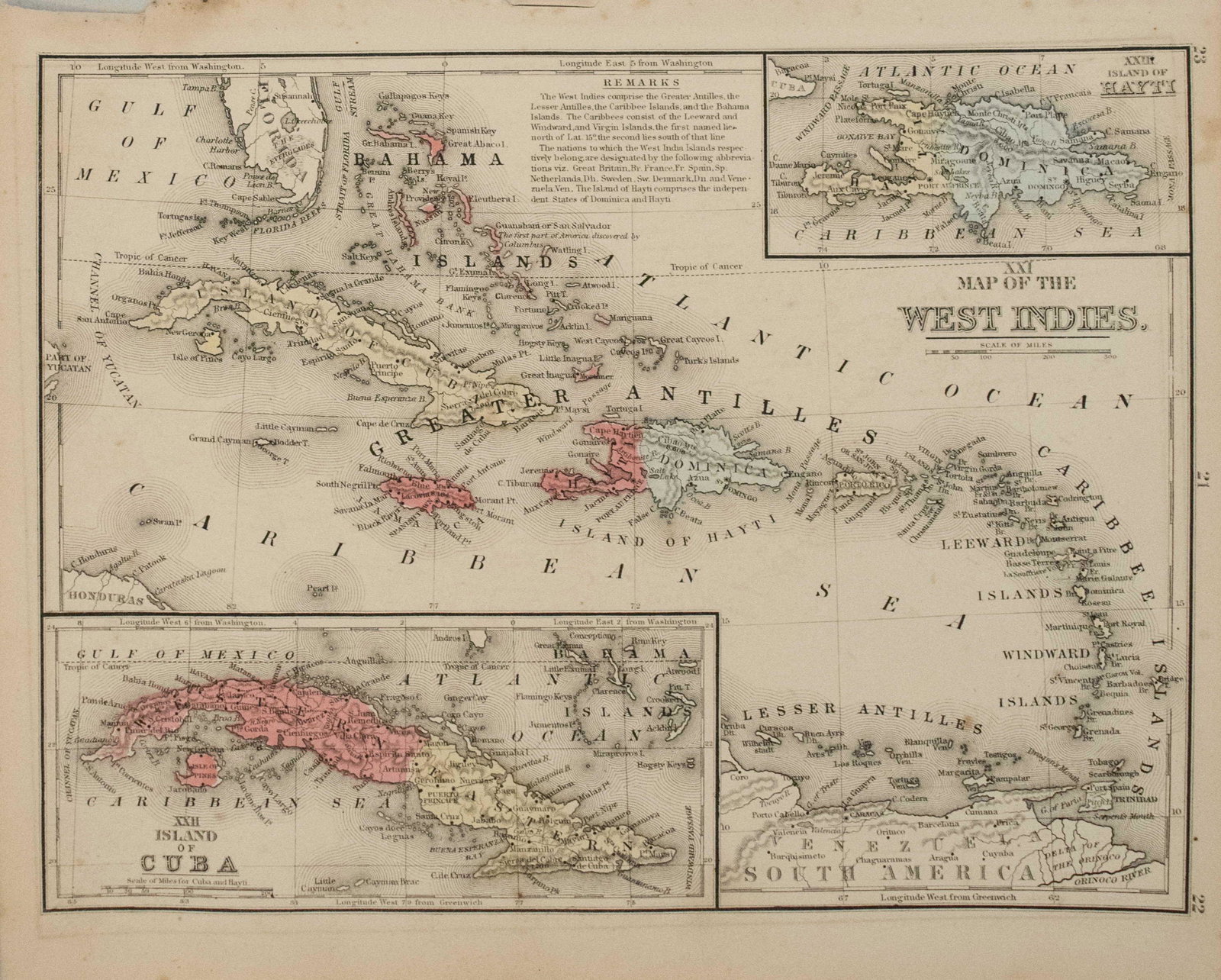 1876 Mitchell Map of the Caribbean and [verso] South: Title/Content of Map: 1876 Mitchell Map of the Caribbean and [verso] South America -- XXI Map of the West Indies [verso] XXIV South America Date: 1876, Philadelphia Cartographer: S Mitchell Size: 8 X 