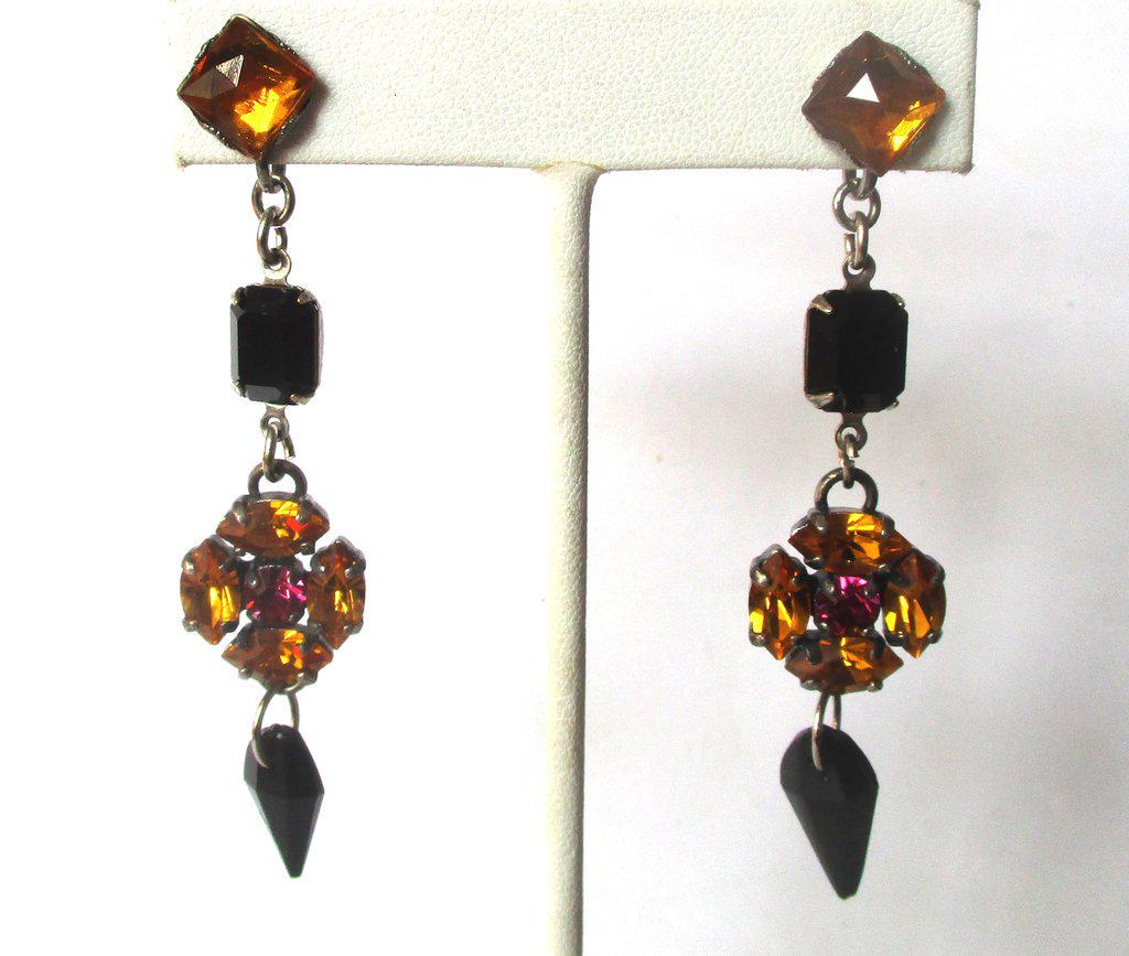 Pair of Vintage Screw Back Earrings With Dark Citrine &: Pair of Screw Back Earrings Circa. 1930 American Dark citrine (yellow) crystals and a ruby red crystal at center of each earring. French jet beads at bottom and above Marked "sterling" at back of each