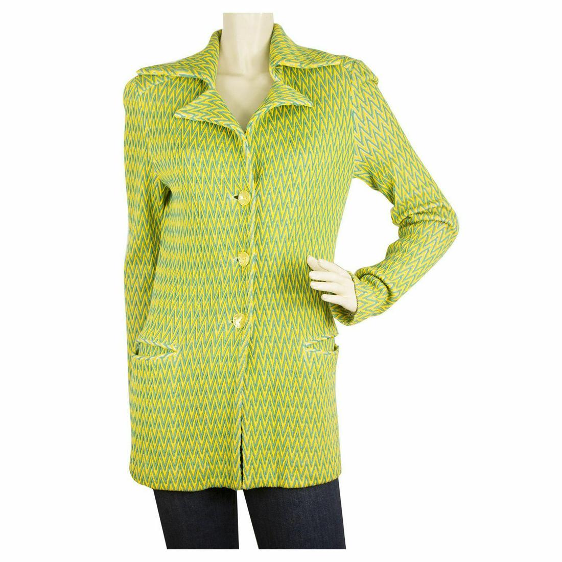 MISSONI Green Yellow Zig Zag Button front Jacket: MISSONI Green Yellow Zig Zag Button front Jacket Cardigan Pointed Collar sz 42 MISSONI Green Yellow Zig Zag Button front Jacket Cardigan Pointed Collar sz 42 Beautiful, out of the ordinary and very im