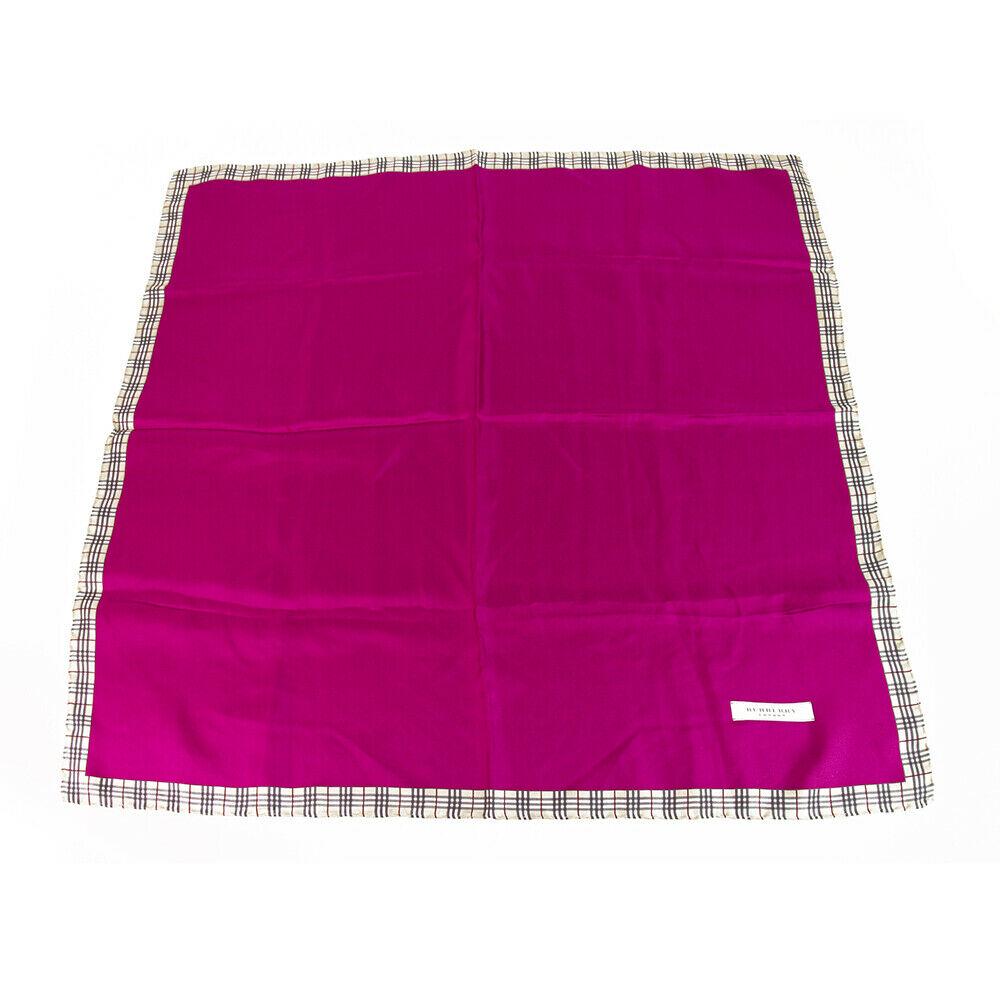 Burberry Magenta Pink with Signature Check Trim Pattern: Burberry Magenta Pink with Signature Check Trim Pattern 100% Silk Foulard Scarf This is a beautifull and fun 100% silk scarf from Burberry, that adds style to your closet in an instant! With impressiv