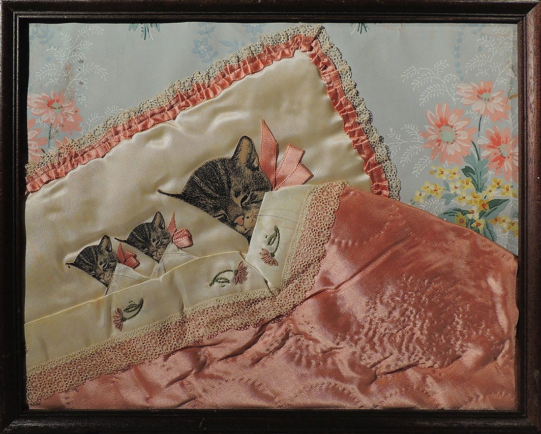 A Collage Of Silk & Lace & Printed Cardboard, Etc.: Title: A collage of silk & lace & printed cardboard, etc.- of Provenance: A collage of silk & lace & printed cardboard, etc.- of Chessie the cat character that was used as a symbol of the Chesapeake a