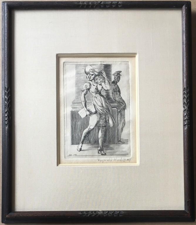 Reginald Marsh: Girl Walkingâ€“Pillarâ€“Soldier: Artist: Reginald Marsh Title: Girl Walkingâ€“Pillarâ€“Soldier Medium:Engraving Dimensions: Plate: 6 x 4 in., Sheet: 11.5 x 8 in. Description: 1965, From the series "Spanish Immortals", Signe