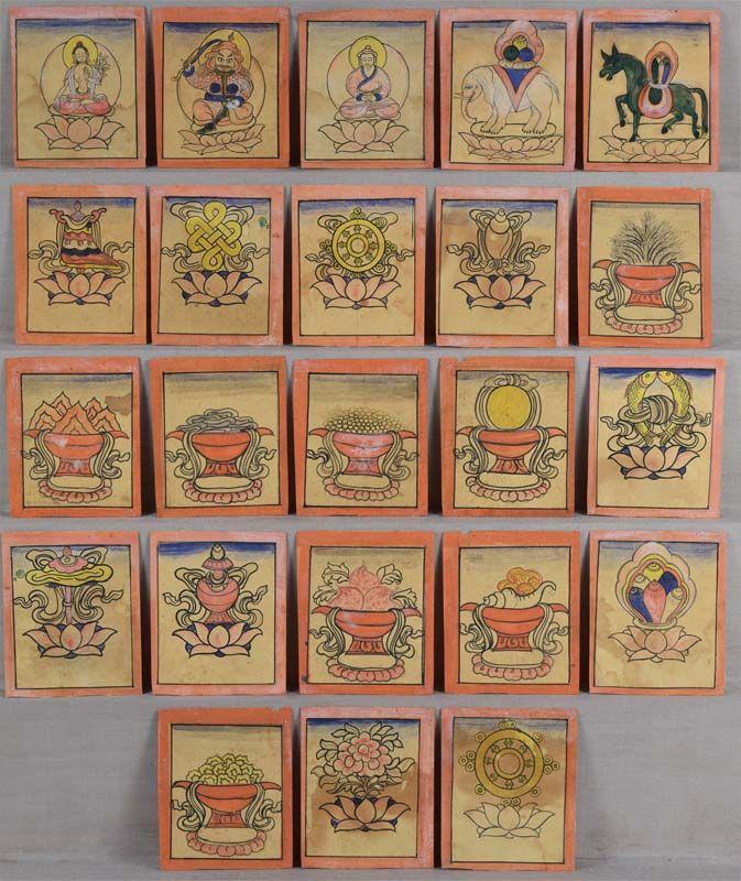 19c set of 23 TSAKLI Tibetan Buddhist paintings: A set of 23 19th century Tibetan tsakli painted with ink and colors on paper and depicting 3 deities, a horse and an elephant with gifts and various altar offerings as well as Buddhist Emblems. Tsakli